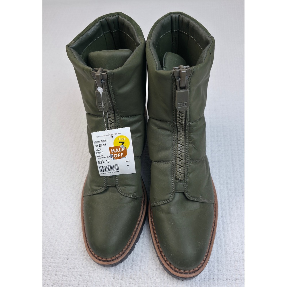 Sam Edelman Jalissa Ankle Boots Womens 7 Green Front Zip Quilted Lug Sole